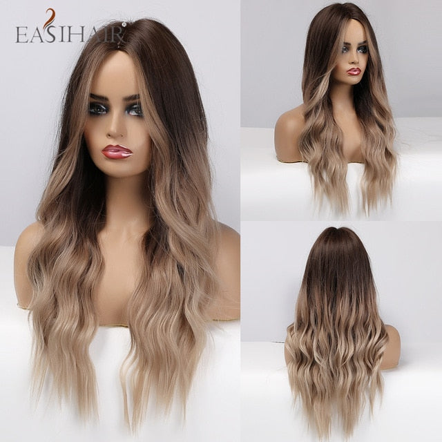 EASIHAIR Ombre Brown Light Blonde Platinum Long Wavy Middle Part Hair Wig Cosplay Natural Heat Resistant Synthetic Wig for Women