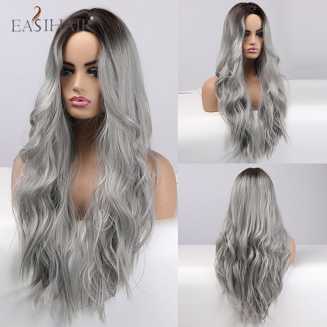 EASIHAIR Ombre Brown Light Blonde Platinum Long Wavy Middle Part Hair Wig Cosplay Natural Heat Resistant Synthetic Wig for Women