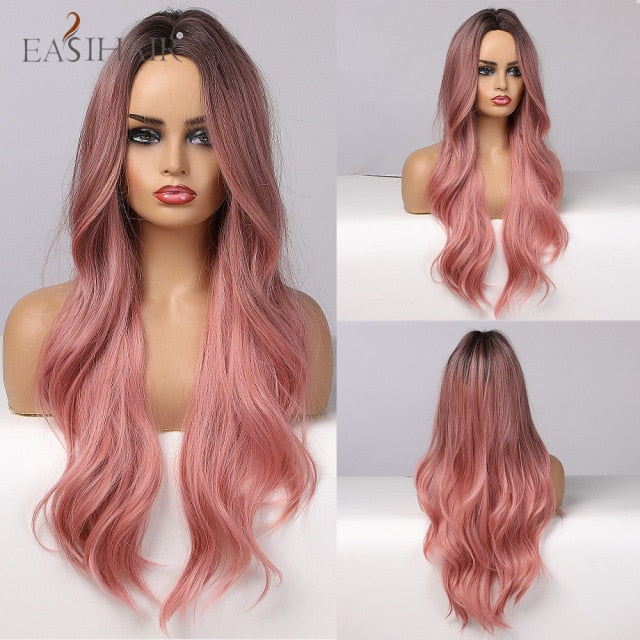 EASIHAIR Ombre Brown Light Blonde Platinum Long Wavy Middle Part Hair Wig Cosplay Natural Heat Resistant Synthetic Wig for Women