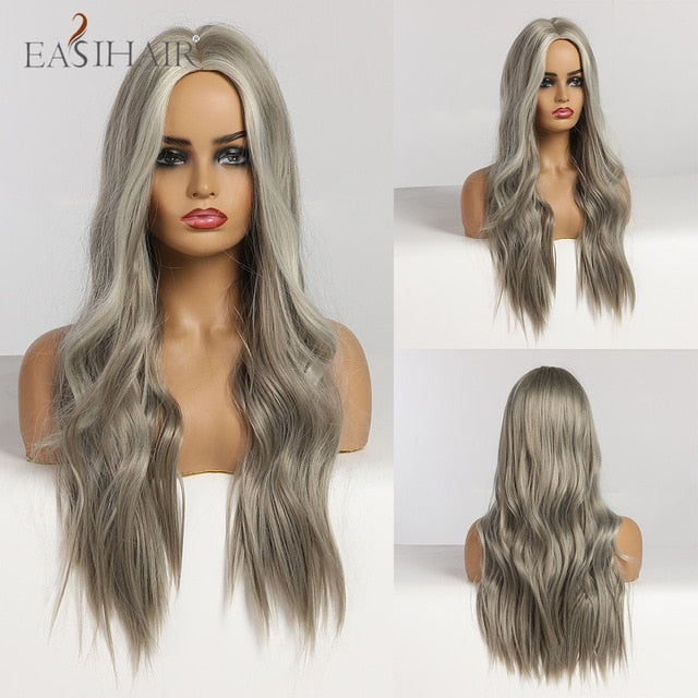 EASIHAIR Ombre Brown Light Blonde Platinum Long Wavy Middle Part Hair Wig Cosplay Natural Heat Resistant Synthetic Wig for Women