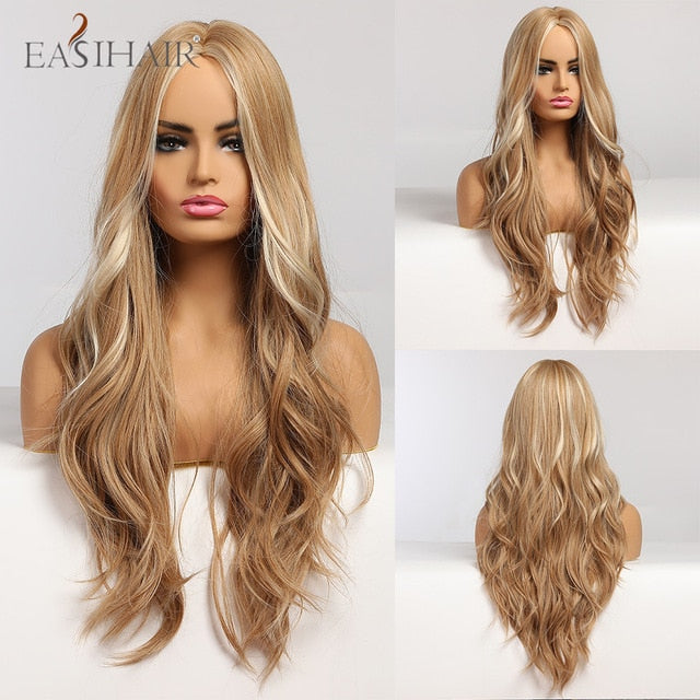 EASIHAIR Ombre Brown Light Blonde Platinum Long Wavy Middle Part Hair Wig Cosplay Natural Heat Resistant Synthetic Wig for Women