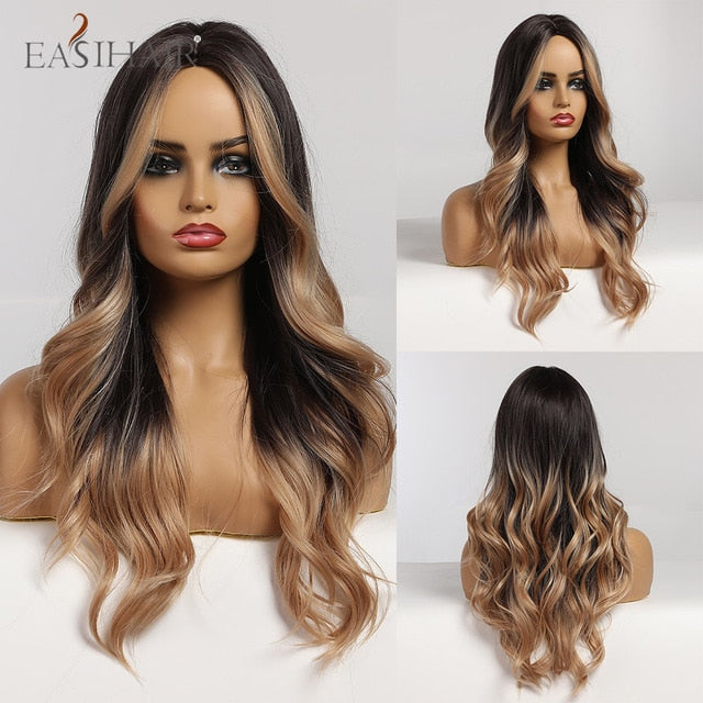 EASIHAIR Ombre Brown Light Blonde Platinum Long Wavy Middle Part Hair Wig Cosplay Natural Heat Resistant Synthetic Wig for Women