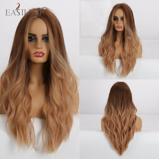 EASIHAIR Ombre Brown Light Blonde Platinum Long Wavy Middle Part Hair Wig Cosplay Natural Heat Resistant Synthetic Wig for Women