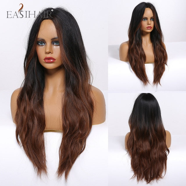 EASIHAIR Ombre Brown Light Blonde Platinum Long Wavy Middle Part Hair Wig Cosplay Natural Heat Resistant Synthetic Wig for Women