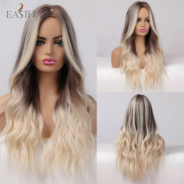 EASIHAIR Ombre Brown Light Blonde Platinum Long Wavy Middle Part Hair Wig Cosplay Natural Heat Resistant Synthetic Wig for Women