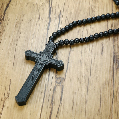 Large Wood Catholic Jesus Mens Cross With Wooden Bead Carved Rosary Pendant Long Collier Statement Necklace