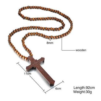 Large Wood Catholic Jesus Mens Cross With Wooden Bead Carved Rosary Pendant Long Collier Statement Necklace