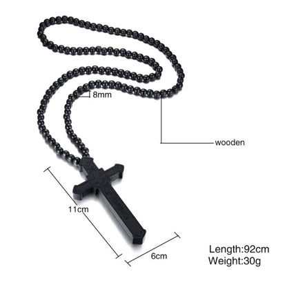 Large Wood Catholic Jesus Mens Cross With Wooden Bead Carved Rosary Pendant Long Collier Statement Necklace