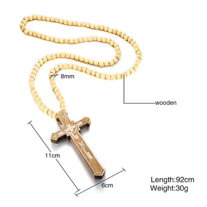 Large Wood Catholic Jesus Mens Cross With Wooden Bead Carved Rosary Pendant Long Collier Statement Necklace