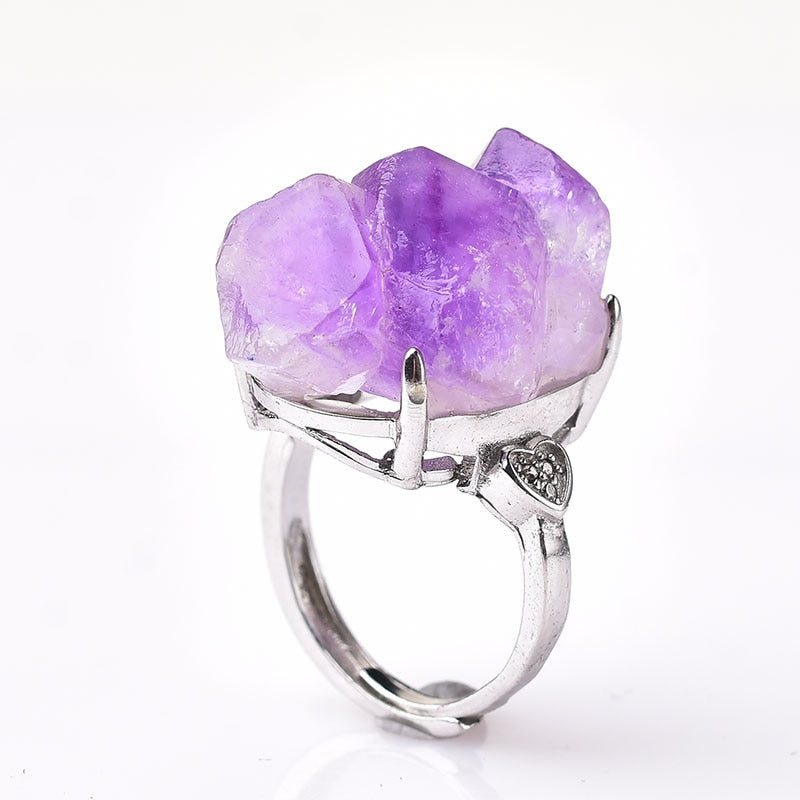 Natural Amethyst Cluster Ring Mineral Jewelry Ornaments Wedding Gifts Gemstone Souvenir Healing Meditation Decoration Adjustable