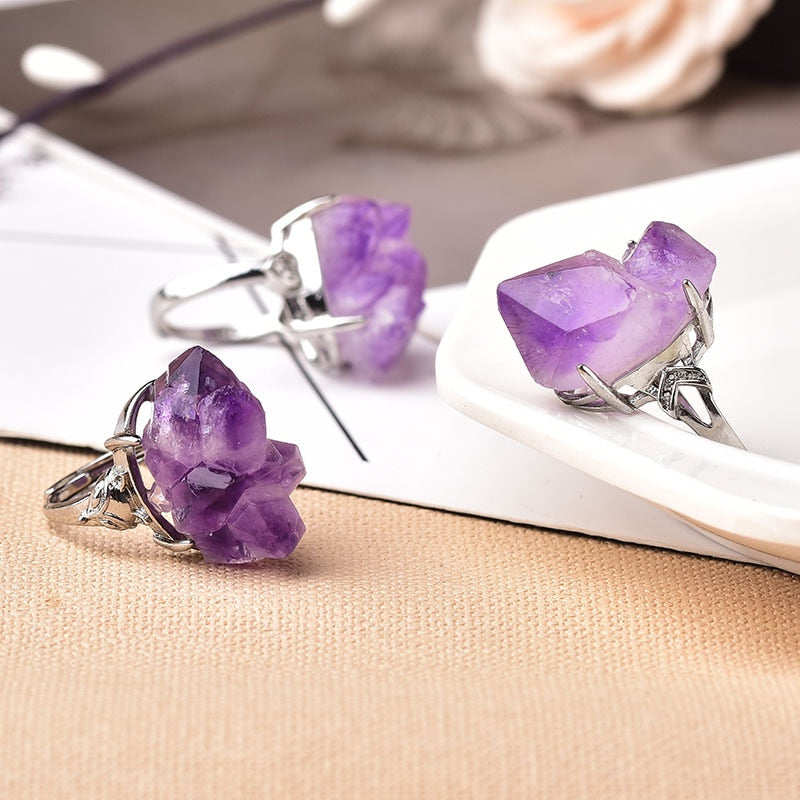 Natural Amethyst Cluster Ring Mineral Jewelry Ornaments Wedding Gifts Gemstone Souvenir Healing Meditation Decoration Adjustable