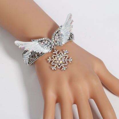 Snowflake Wing Bangle Bracelet Blue White Christmas Holidays Ornaments Gifts for Women Silver Color Crystal Fashion Jewelry