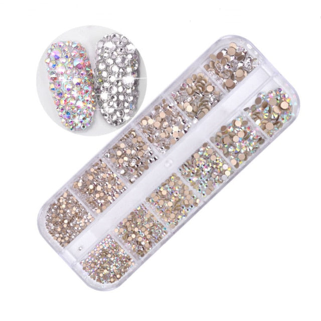 12 Grids/set Flat-back AB Crystal Nail Rhinestones 3D Glitter Diamond Nail Art Decorations Gems Stones for Manicure Design