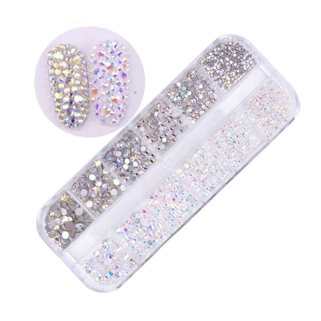 12 Grids/set Flat-back AB Crystal Nail Rhinestones 3D Glitter Diamond Nail Art Decorations Gems Stones for Manicure Design