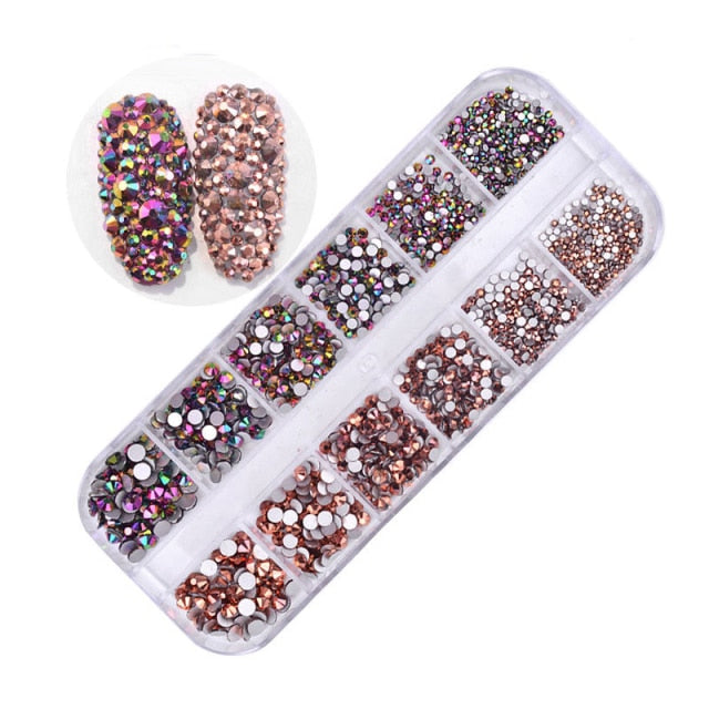 12 Grids/set Flat-back AB Crystal Nail Rhinestones 3D Glitter Diamond Nail Art Decorations Gems Stones for Manicure Design