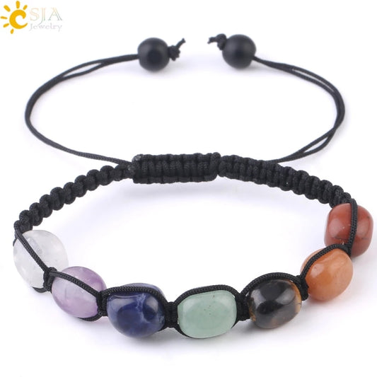 CSJA 7 Chakras Bracelets Reiki Natural Stone Braided Women Bracelet Healing Irregular Bead Handmade String Rope Adjustable G022