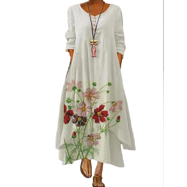 2021 Elegant Flowers Print Long Sleeve Spring Summer Dresses Casual O Neck Loose Women Dress Vintage Party Vestidos Long Dresses