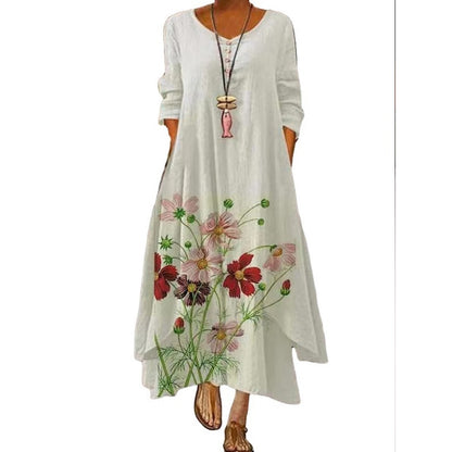 2021 Elegant Flowers Print Long Sleeve Spring Summer Dresses Casual O Neck Loose Women Dress Vintage Party Vestidos Long Dresses