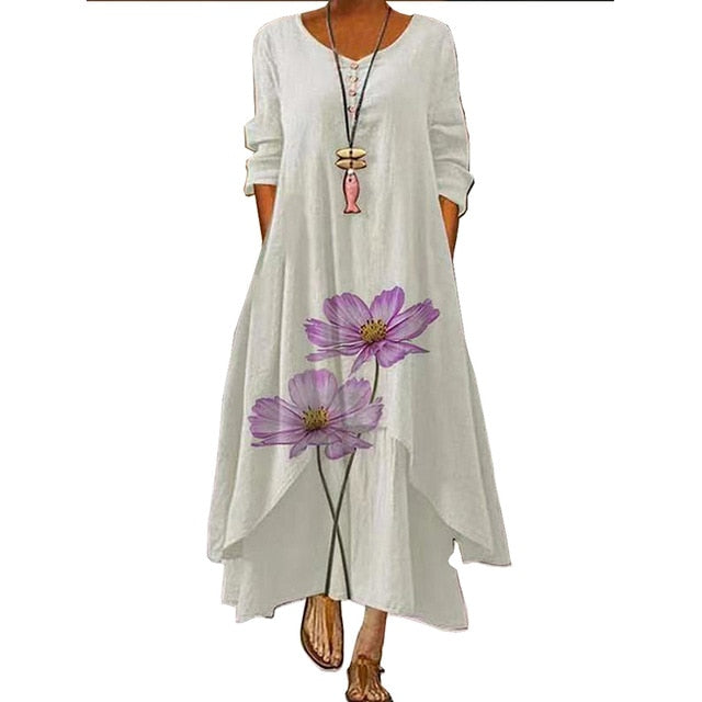 2021 Elegant Flowers Print Long Sleeve Spring Summer Dresses Casual O Neck Loose Women Dress Vintage Party Vestidos Long Dresses