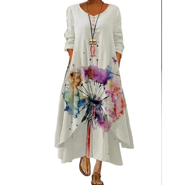 2021 Elegant Flowers Print Long Sleeve Spring Summer Dresses Casual O Neck Loose Women Dress Vintage Party Vestidos Long Dresses