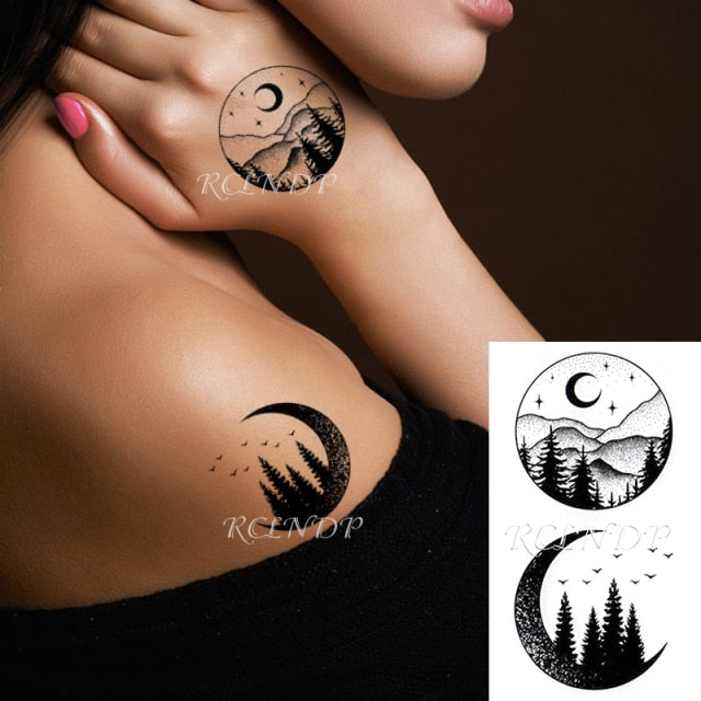 Waterproof Temporary Tattoo Stickers Moon Hill forest star Fake Tatto Flash Tatoo Tatouage Body Art Hand Foot for Girl Women Men