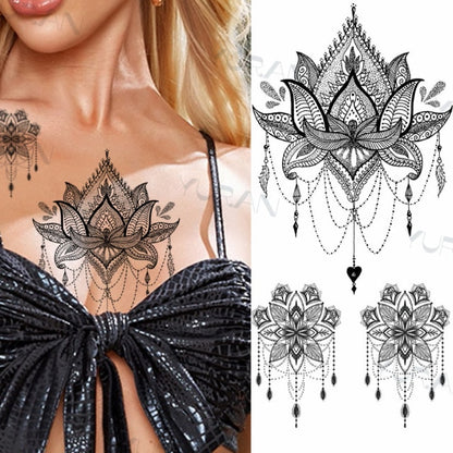 Black Large Snake Flower Fake Tattoo Sticker For Women Dot Rose Peony Temporary Tattoos DIY Water Transfer Tatoos Girls