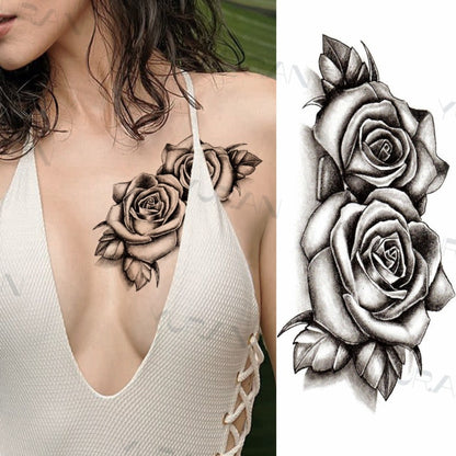 Black Large Snake Flower Fake Tattoo Sticker For Women Dot Rose Peony Temporary Tattoos DIY Water Transfer Tatoos Girls