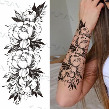 Black Large Snake Flower Fake Tattoo Sticker For Women Dot Rose Peony Temporary Tattoos DIY Water Transfer Tatoos Girls