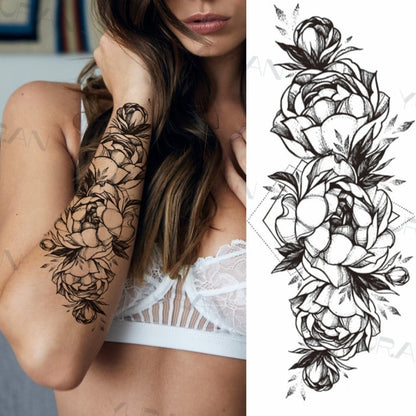 Black Large Snake Flower Fake Tattoo Sticker For Women Dot Rose Peony Temporary Tattoos DIY Water Transfer Tatoos Girls