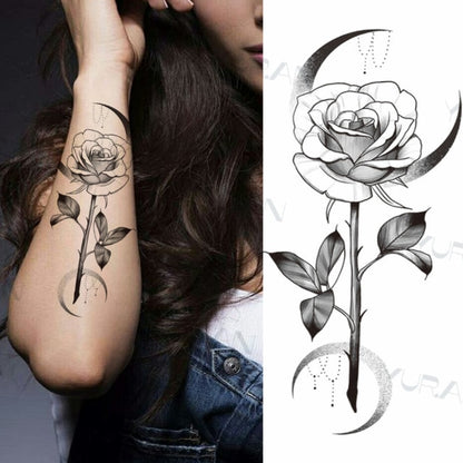 Black Large Snake Flower Fake Tattoo Sticker For Women Dot Rose Peony Temporary Tattoos DIY Water Transfer Tatoos Girls