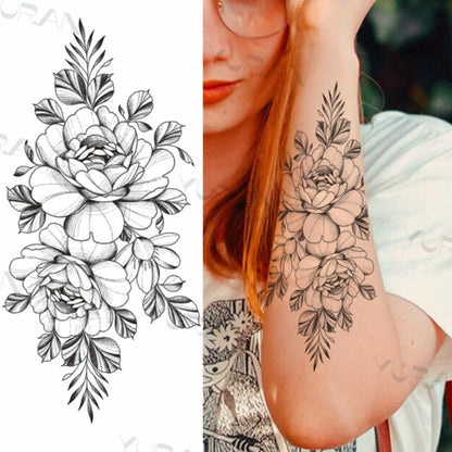 Black Large Snake Flower Fake Tattoo Sticker For Women Dot Rose Peony Temporary Tattoos DIY Water Transfer Tatoos Girls