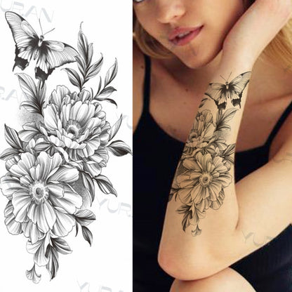 Black Large Snake Flower Fake Tattoo Sticker For Women Dot Rose Peony Temporary Tattoos DIY Water Transfer Tatoos Girls