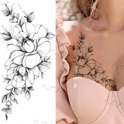 Black Large Snake Flower Fake Tattoo Sticker For Women Dot Rose Peony Temporary Tattoos DIY Water Transfer Tatoos Girls