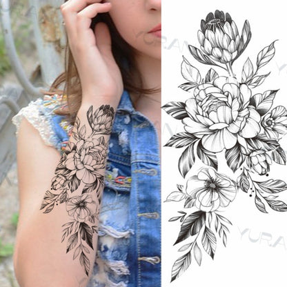 Black Large Snake Flower Fake Tattoo Sticker For Women Dot Rose Peony Temporary Tattoos DIY Water Transfer Tatoos Girls