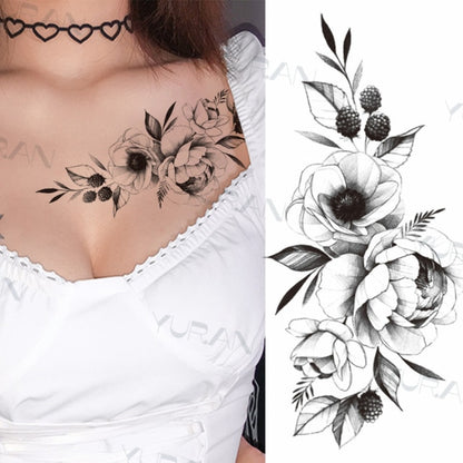 Black Large Snake Flower Fake Tattoo Sticker For Women Dot Rose Peony Temporary Tattoos DIY Water Transfer Tatoos Girls