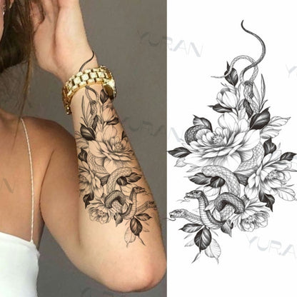 Black Large Snake Flower Fake Tattoo Sticker For Women Dot Rose Peony Temporary Tattoos DIY Water Transfer Tatoos Girls