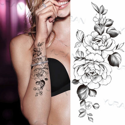 Black Large Snake Flower Fake Tattoo Sticker For Women Dot Rose Peony Temporary Tattoos DIY Water Transfer Tatoos Girls