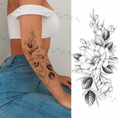 Black Large Snake Flower Fake Tattoo Sticker For Women Dot Rose Peony Temporary Tattoos DIY Water Transfer Tatoos Girls