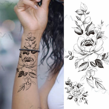 Black Large Snake Flower Fake Tattoo Sticker For Women Dot Rose Peony Temporary Tattoos DIY Water Transfer Tatoos Girls