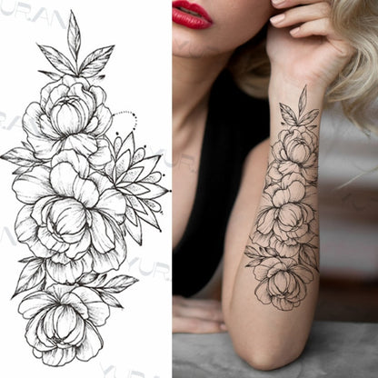 Black Large Snake Flower Fake Tattoo Sticker For Women Dot Rose Peony Temporary Tattoos DIY Water Transfer Tatoos Girls