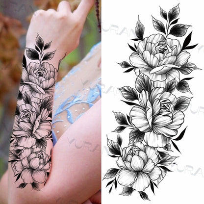 Black Large Snake Flower Fake Tattoo Sticker For Women Dot Rose Peony Temporary Tattoos DIY Water Transfer Tatoos Girls