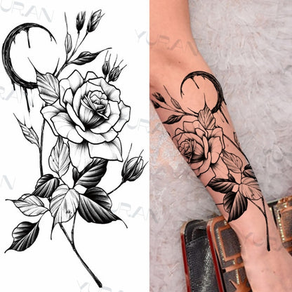 Black Large Snake Flower Fake Tattoo Sticker For Women Dot Rose Peony Temporary Tattoos DIY Water Transfer Tatoos Girls