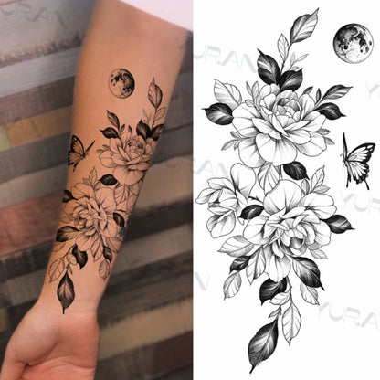 Black Large Snake Flower Fake Tattoo Sticker For Women Dot Rose Peony Temporary Tattoos DIY Water Transfer Tatoos Girls