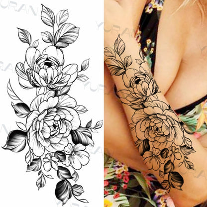 Black Large Snake Flower Fake Tattoo Sticker For Women Dot Rose Peony Temporary Tattoos DIY Water Transfer Tatoos Girls