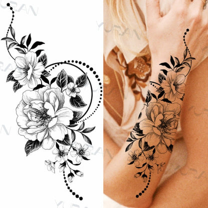 Black Large Snake Flower Fake Tattoo Sticker For Women Dot Rose Peony Temporary Tattoos DIY Water Transfer Tatoos Girls