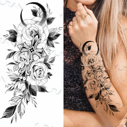 Black Large Snake Flower Fake Tattoo Sticker For Women Dot Rose Peony Temporary Tattoos DIY Water Transfer Tatoos Girls