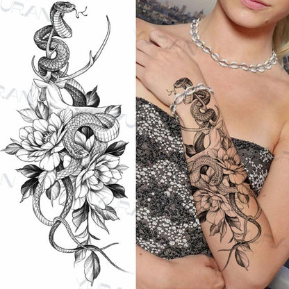 Black Large Snake Flower Fake Tattoo Sticker For Women Dot Rose Peony Temporary Tattoos DIY Water Transfer Tatoos Girls