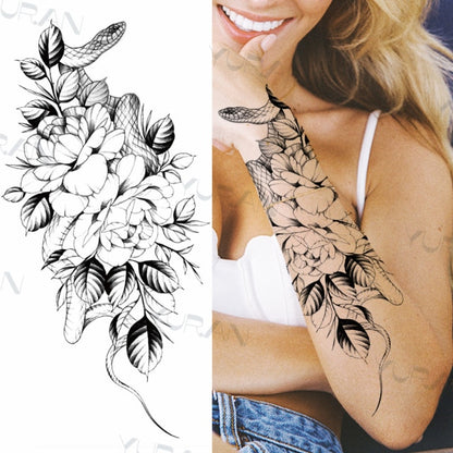 Black Large Snake Flower Fake Tattoo Sticker For Women Dot Rose Peony Temporary Tattoos DIY Water Transfer Tatoos Girls