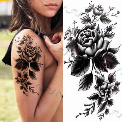 Black Large Snake Flower Fake Tattoo Sticker For Women Dot Rose Peony Temporary Tattoos DIY Water Transfer Tatoos Girls