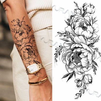 Black Large Snake Flower Fake Tattoo Sticker For Women Dot Rose Peony Temporary Tattoos DIY Water Transfer Tatoos Girls